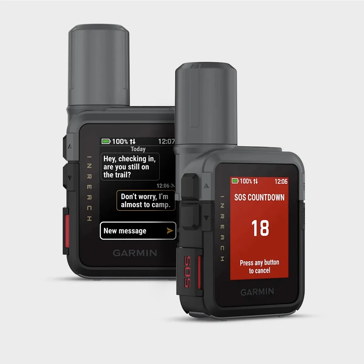 Two Garmin handheld devices with external antennas, showing messaging and an SOS countdown on their screens (adventuring GPS/communication devices).